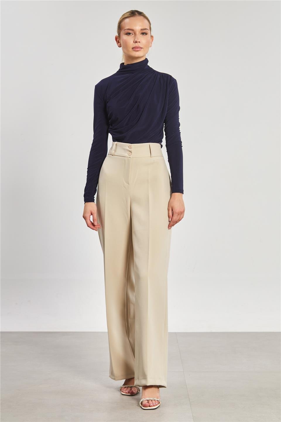 Kadın Drapeli Uzun Kollu Bluz - Lacivert