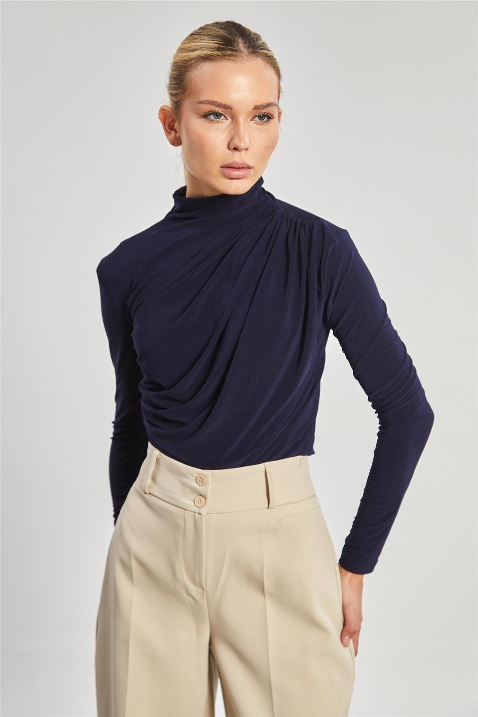 Kadın Drapeli Uzun Kollu Bluz - Lacivert