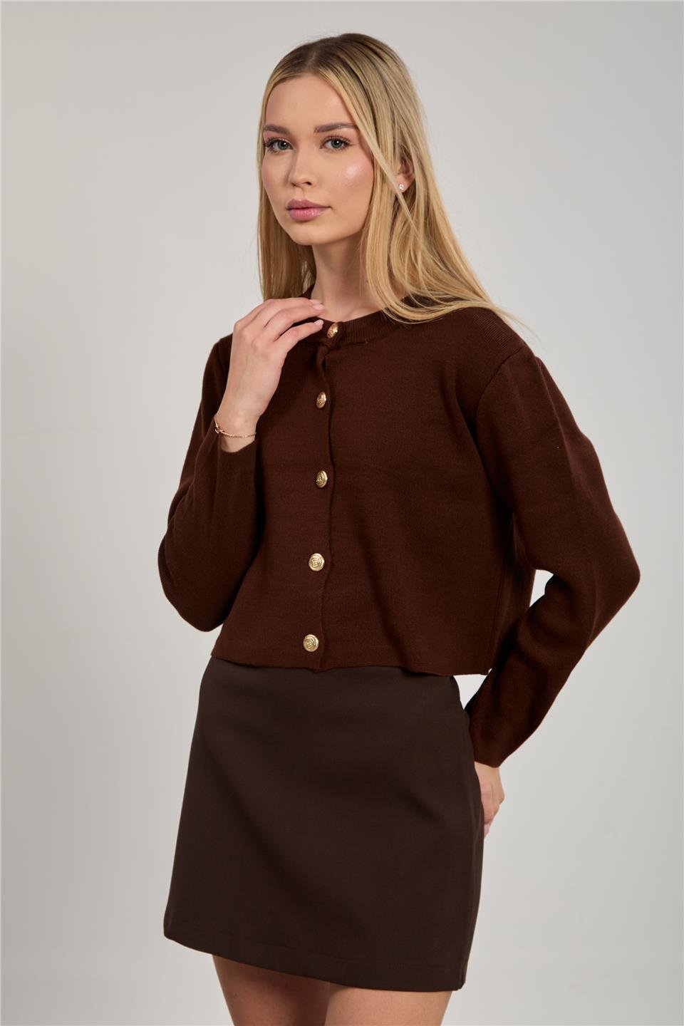 Kadın Düğmeli Triko Hırka - Acı Kahve