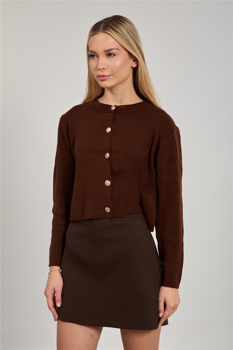 Kadın Düğmeli Triko Hırka - Acı Kahve
