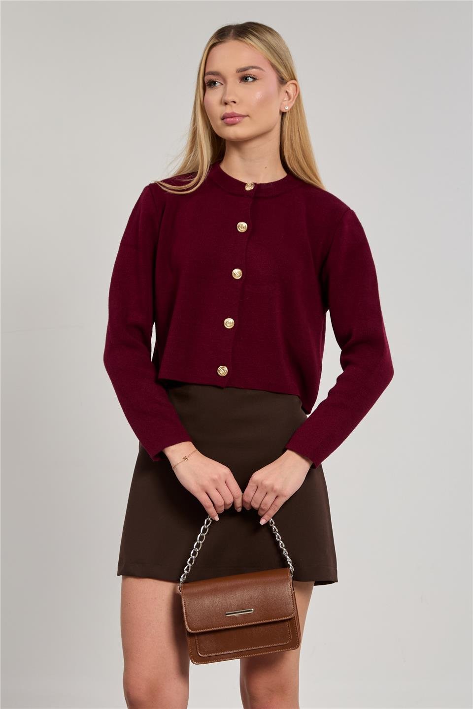 Kadın Düğmeli Triko Hırka - Bordo