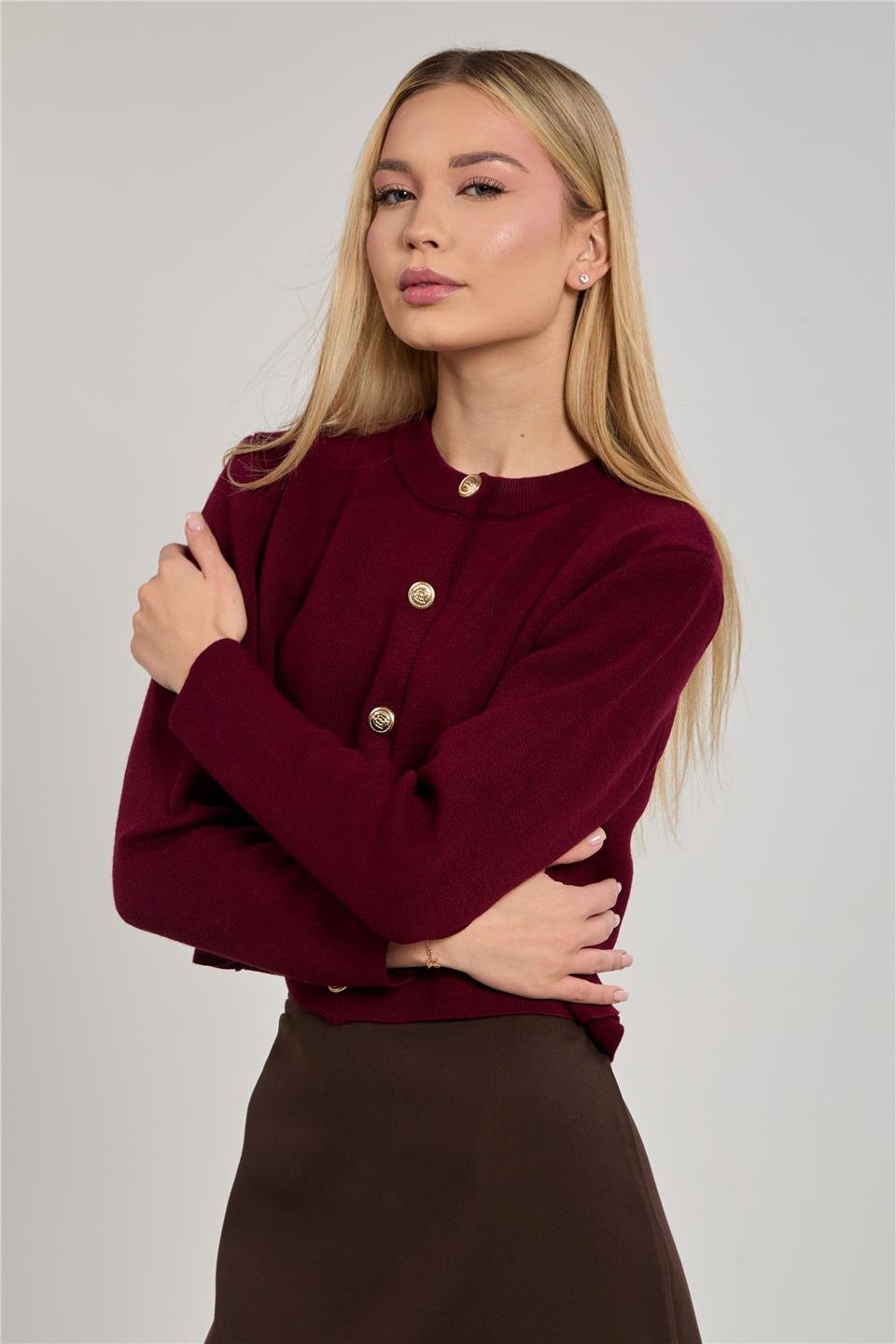 Kadın Düğmeli Triko Hırka - Bordo
