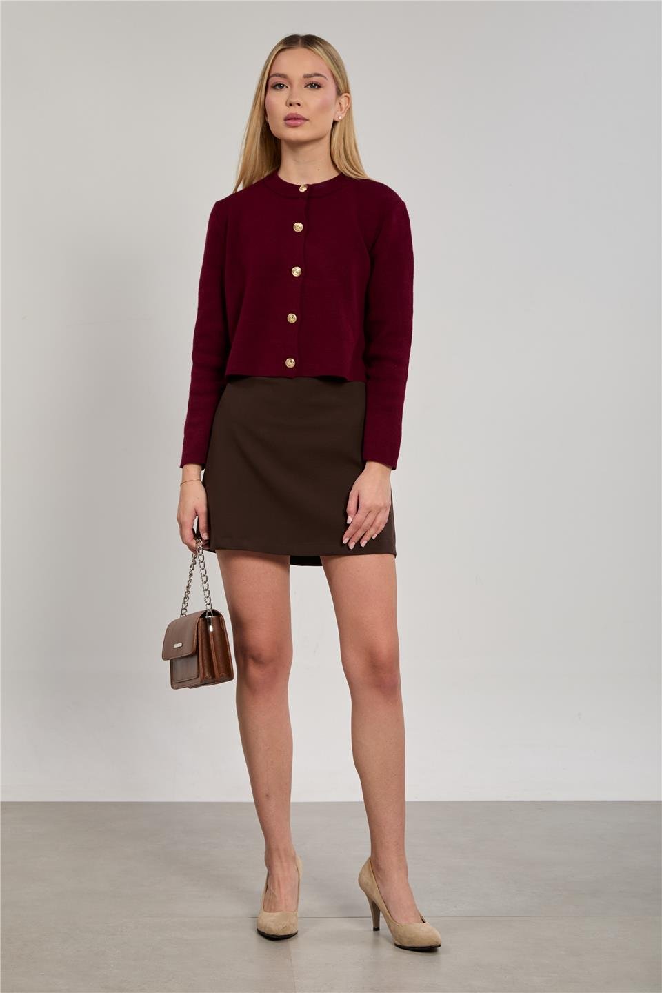 Kadın Düğmeli Triko Hırka - Bordo