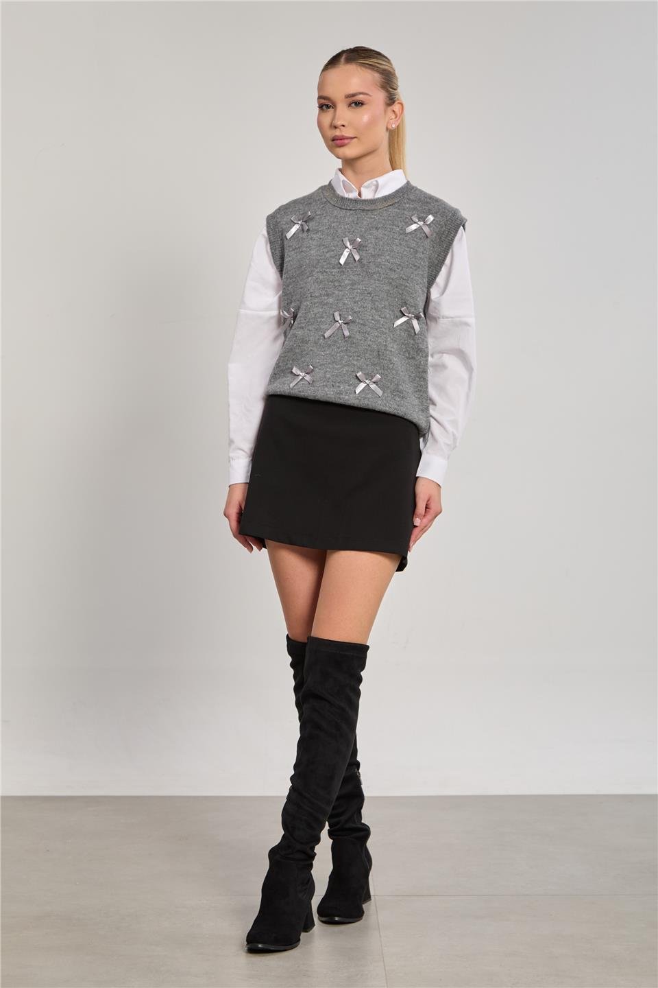 Kadın Fiyonklu Triko Süveter - Gri