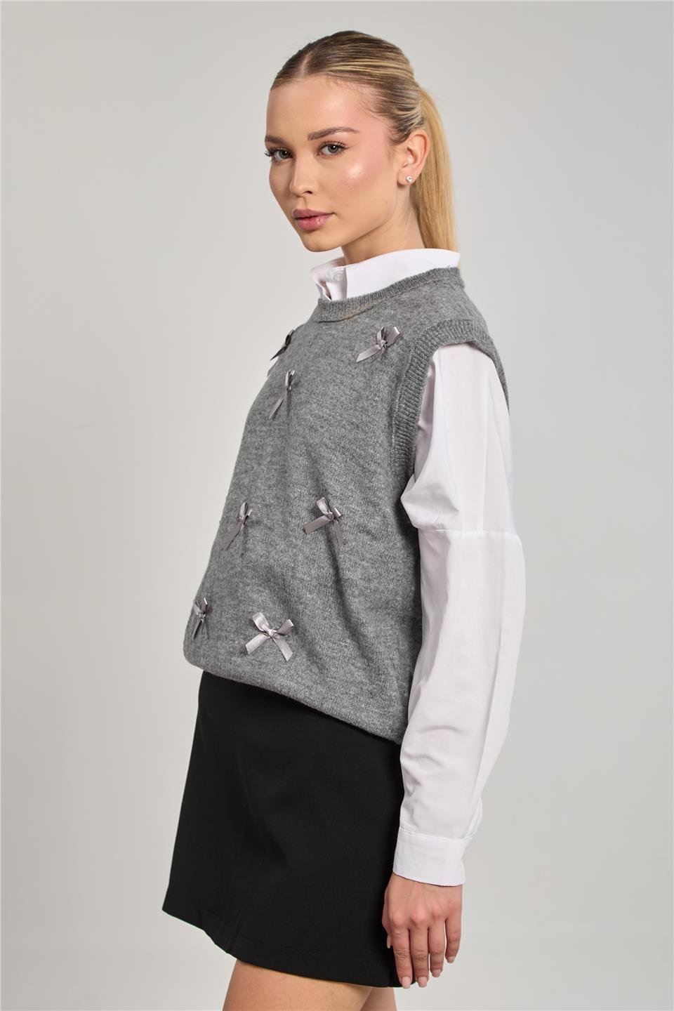 Kadın Fiyonklu Triko Süveter - Gri
