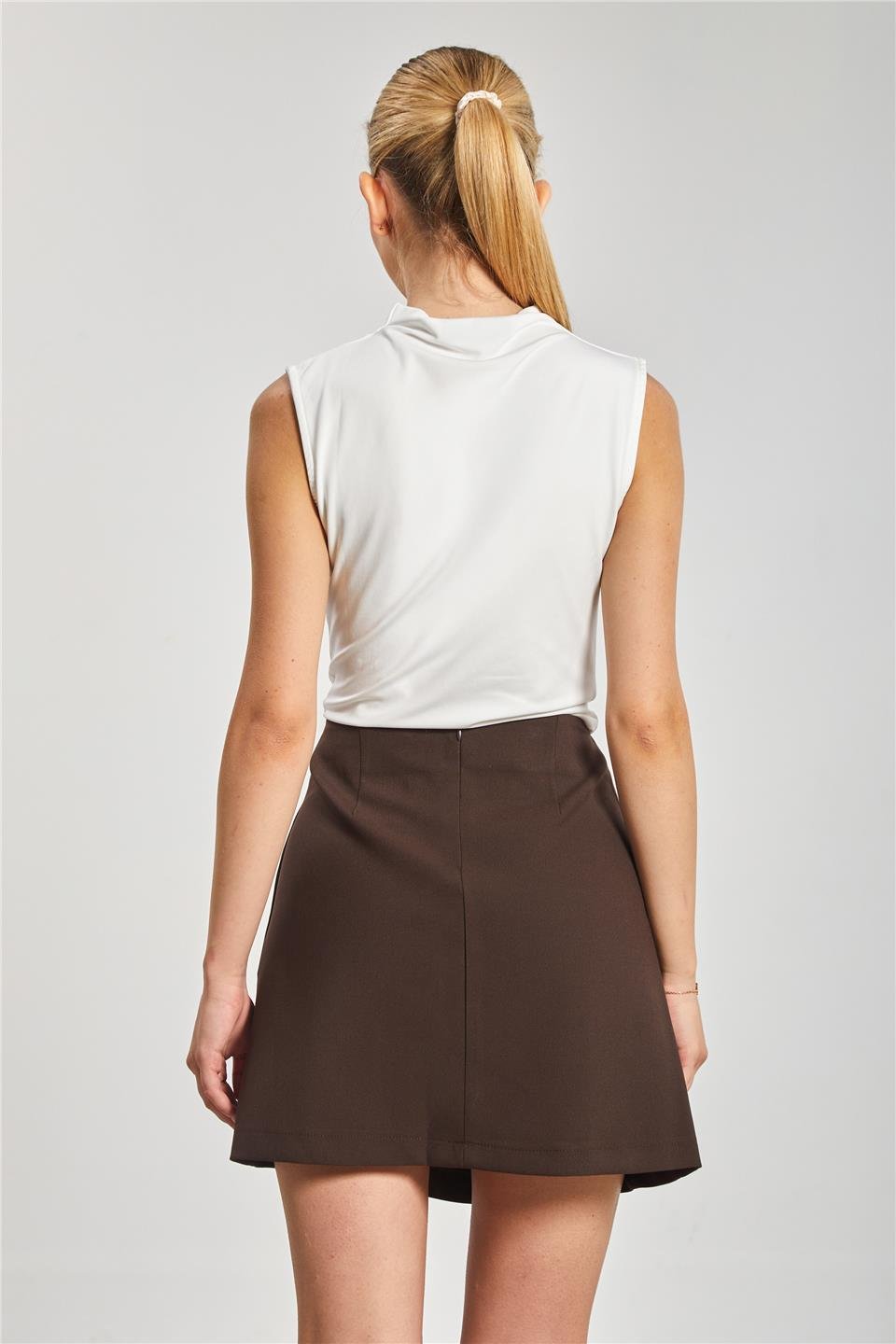 Kadın Fleto Cep Mini Etek - Kahve