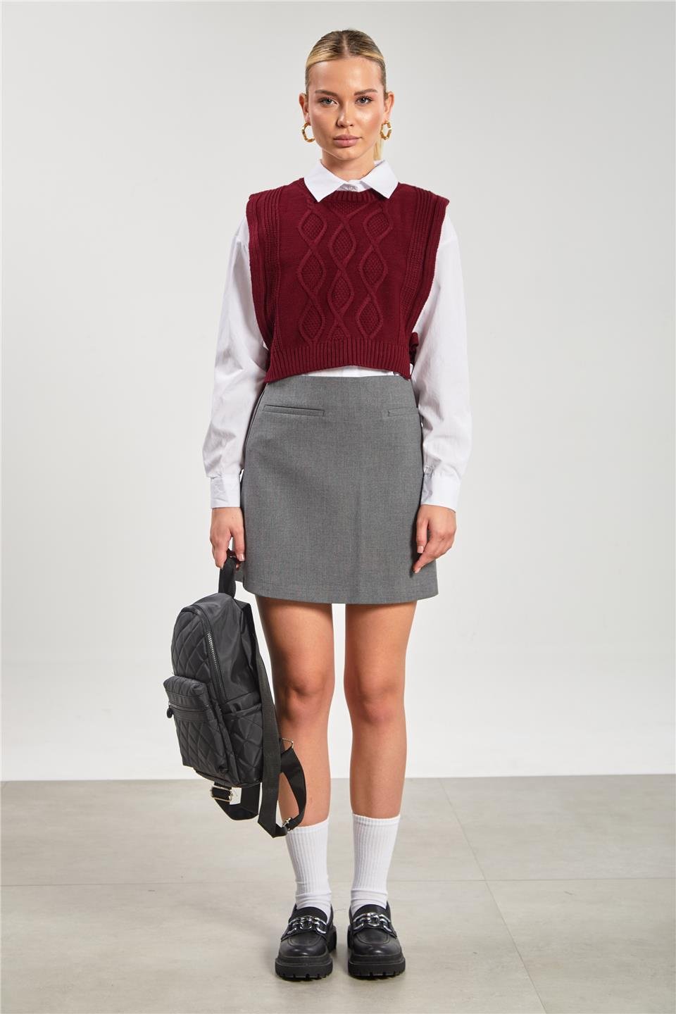 Kadın Fleto Cep Mini Etek - Okul Gri