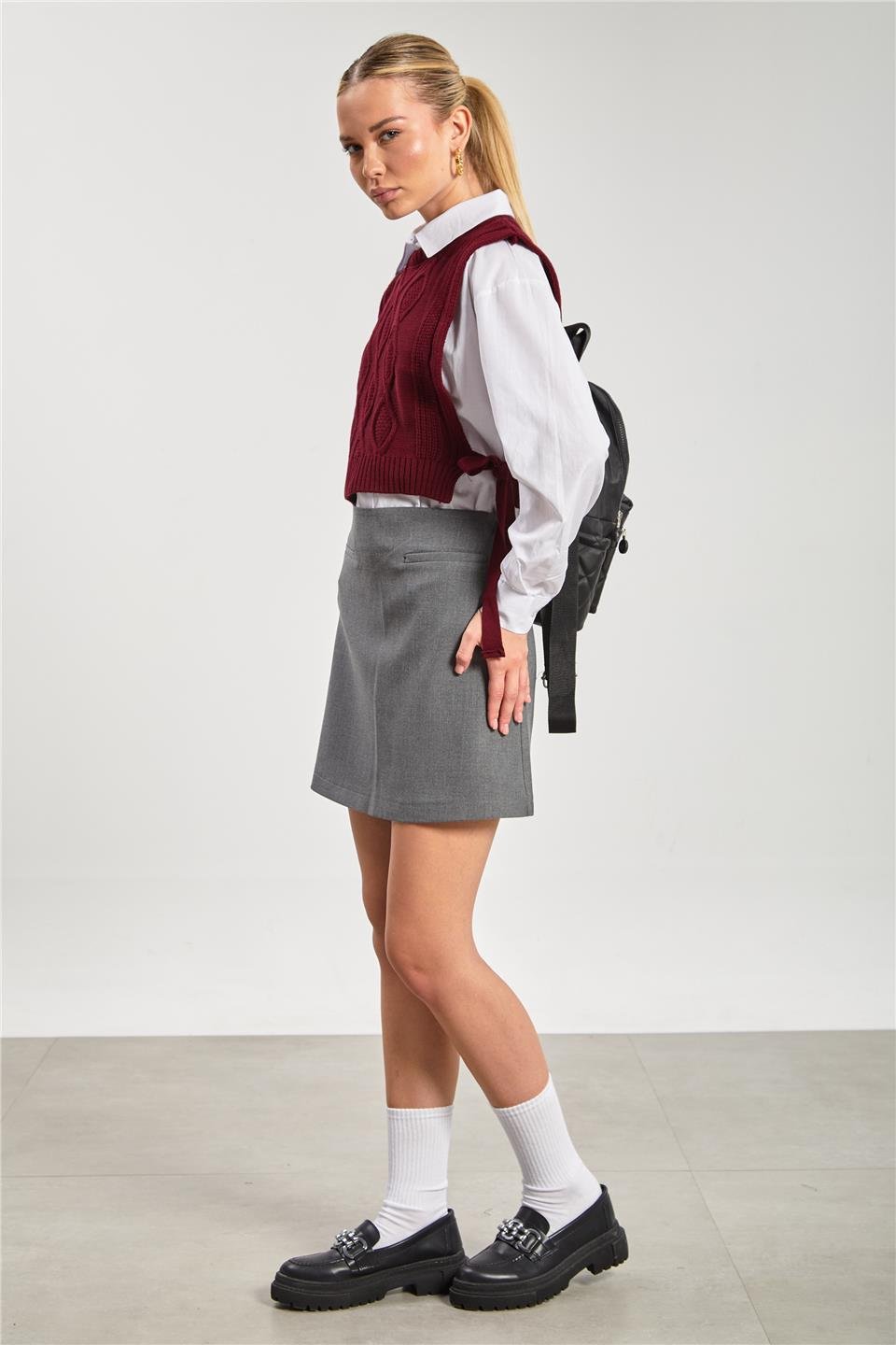 Kadın Fleto Cep Mini Etek - Okul Gri