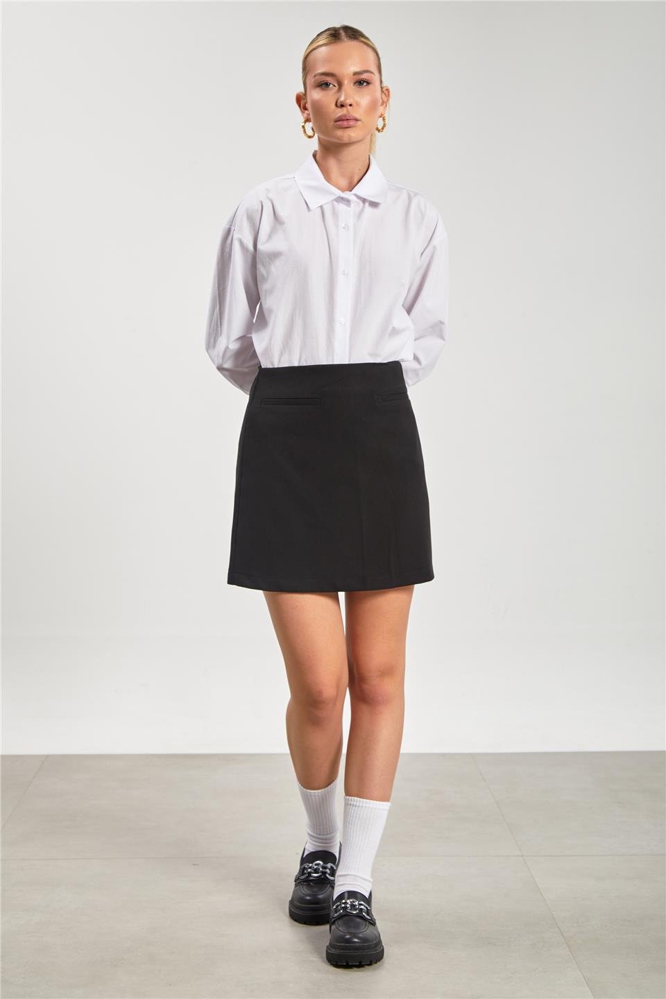 Kadın Fleto Cep Mini Etek - Siyah