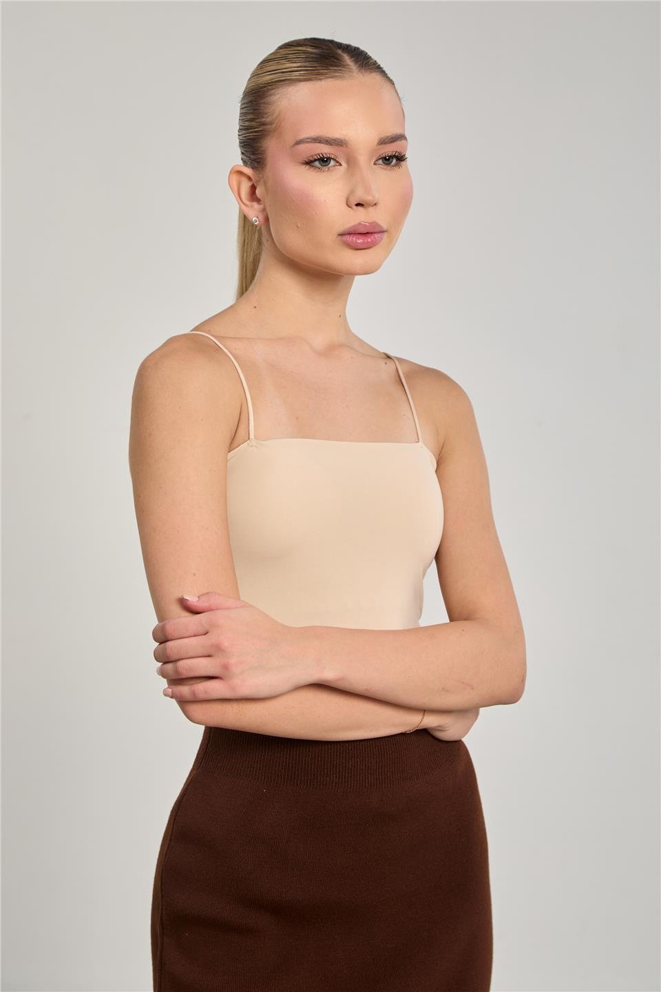 Kadın Göğüs Pedli Askılı Atlet - Bej