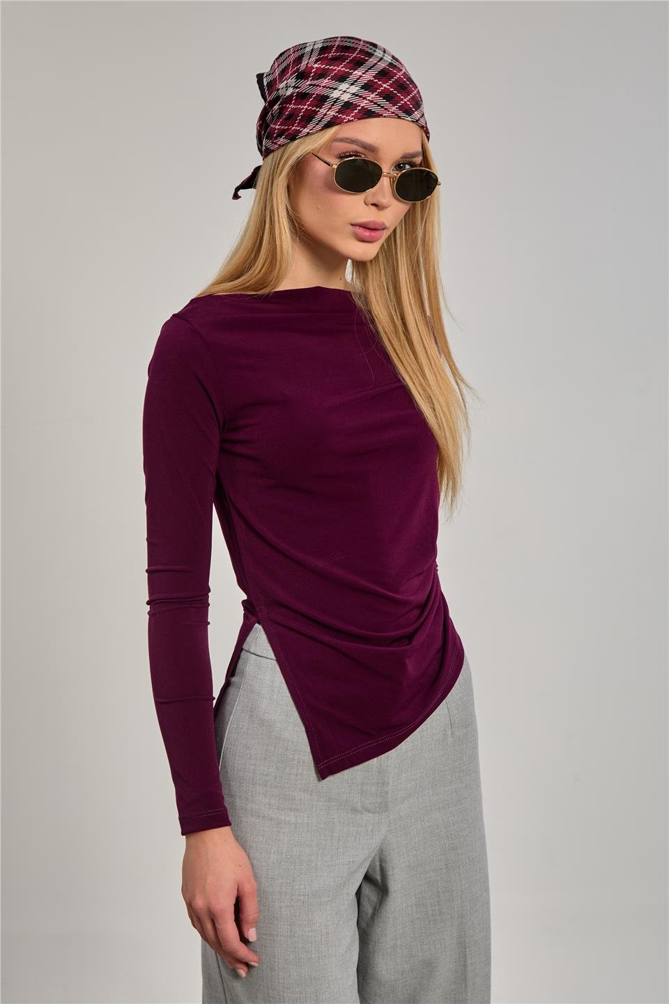 Kadın Kayık Yaka Uzun Kollu Body - Mürdüm