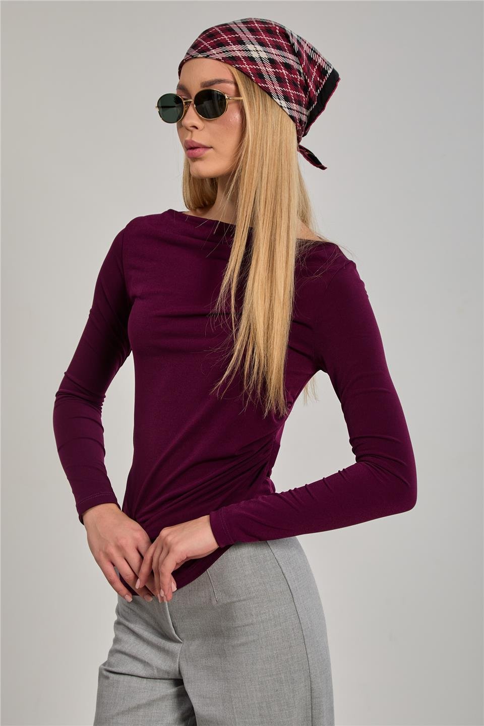 Kadın Kayık Yaka Uzun Kollu Body - Mürdüm