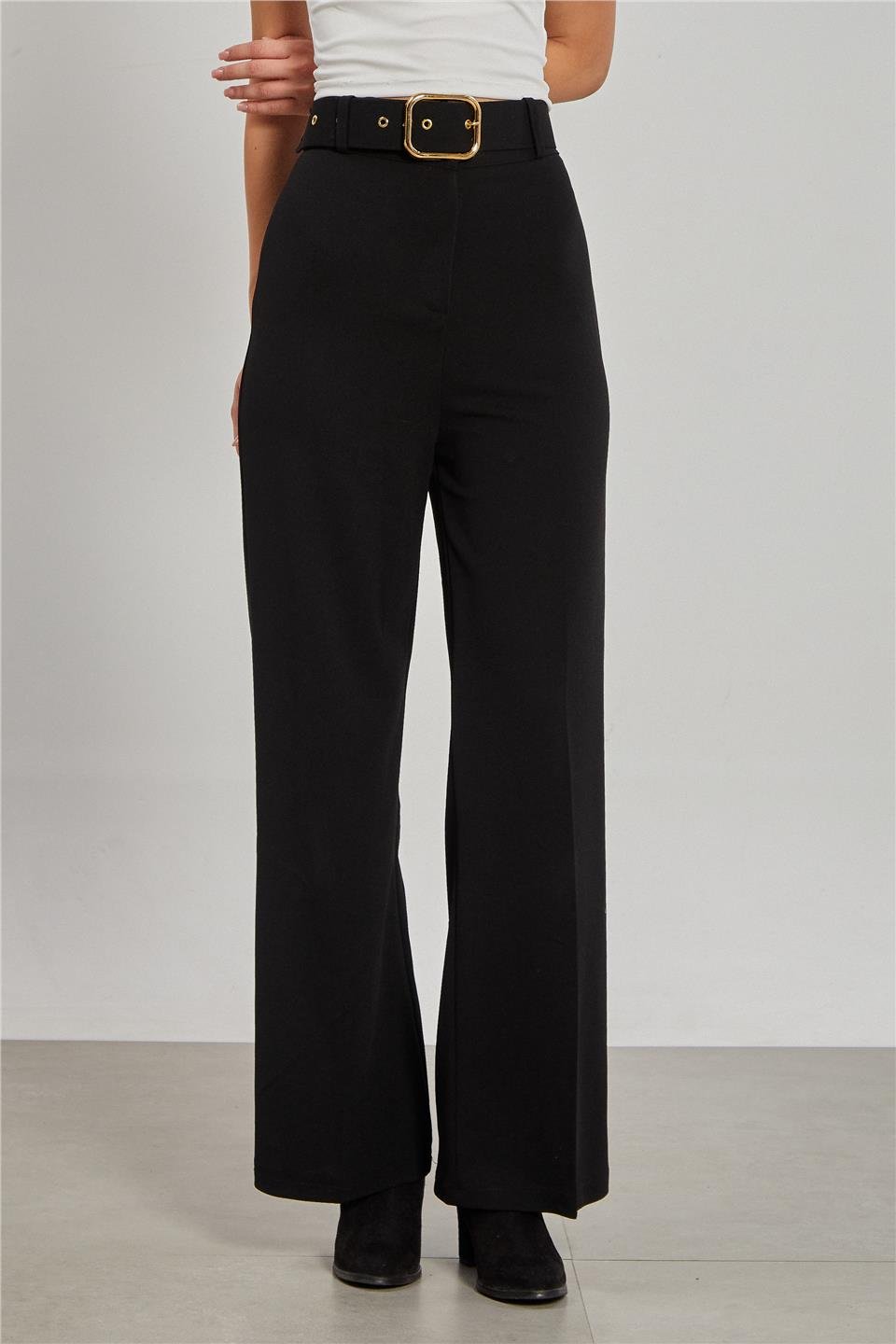 Kadın Kemerli Bol Paça Kumaş Pantolon - Siyah