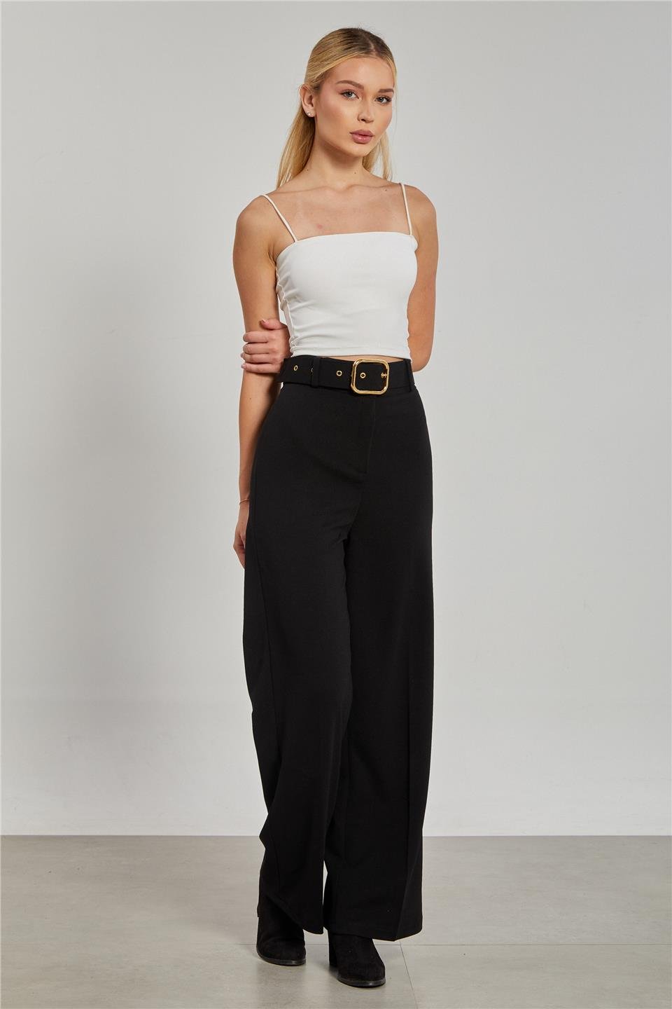Kadın Kemerli Bol Paça Kumaş Pantolon - Siyah