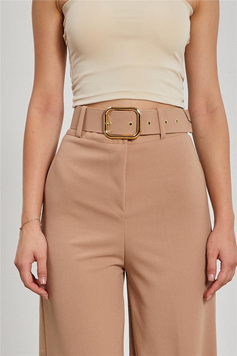 Kadın Kemerli Bol Paça Kumaş Pantolon - Taş