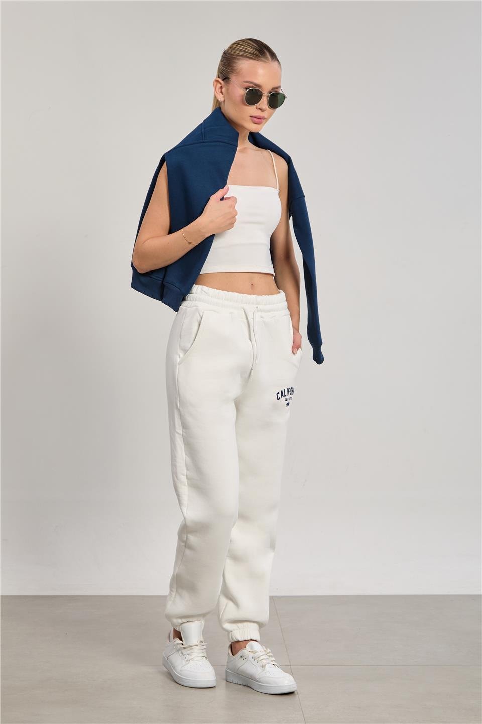Kadın Paçası Lastikli California Baskılı Eşofman Altı - Ekru