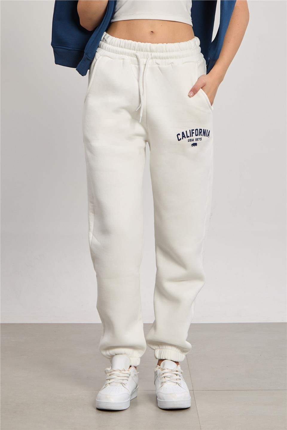 Kadın Paçası Lastikli California Baskılı Eşofman Altı - Ekru