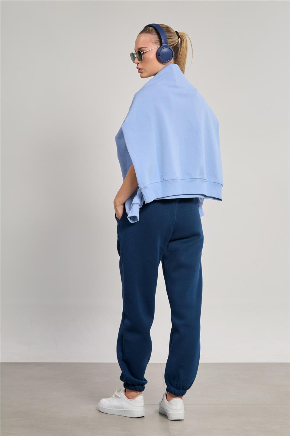 Kadın Paçası Lastikli California Basklı Eşofman Altı - Lacivert 