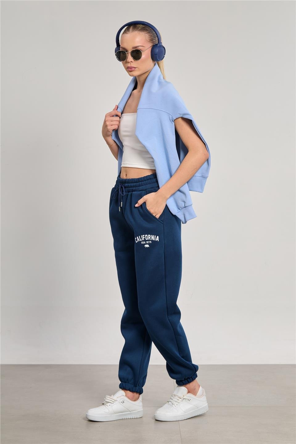Kadın Paçası Lastikli California Basklı Eşofman Altı - Lacivert 