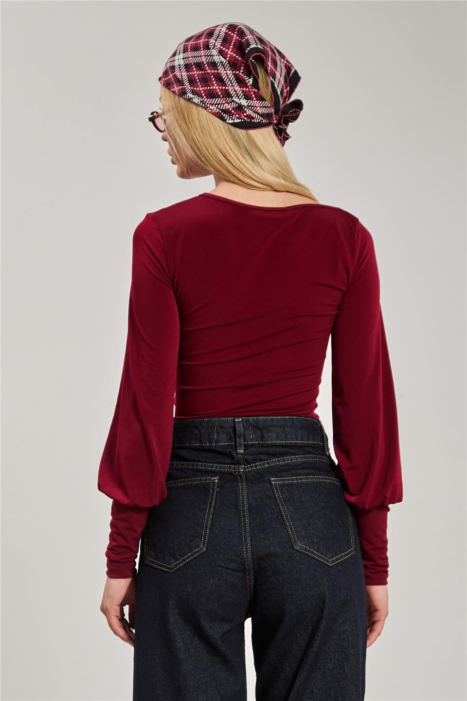 Kadın Yan V Yaka Büzgülü Bluz - Bordo
