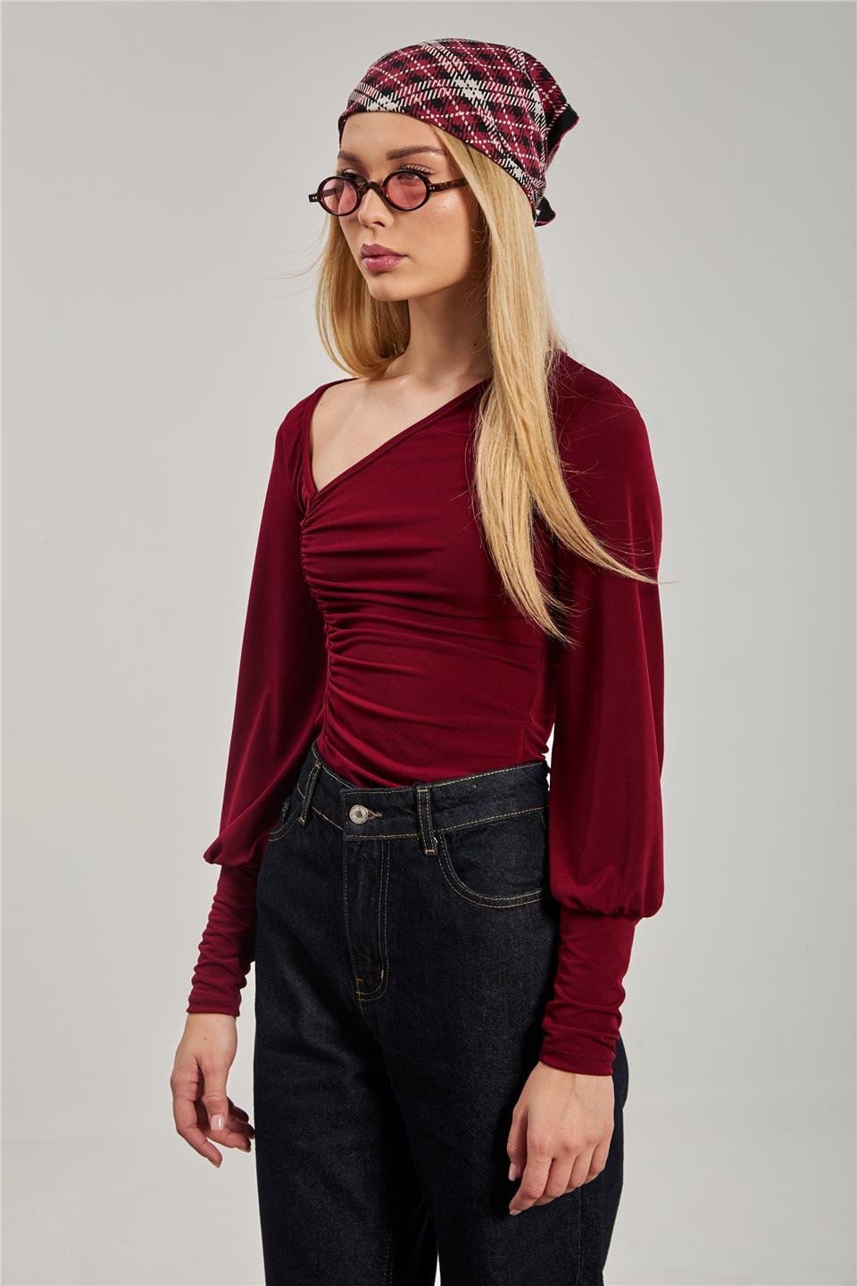 Kadın Yan V Yaka Büzgülü Bluz - Bordo