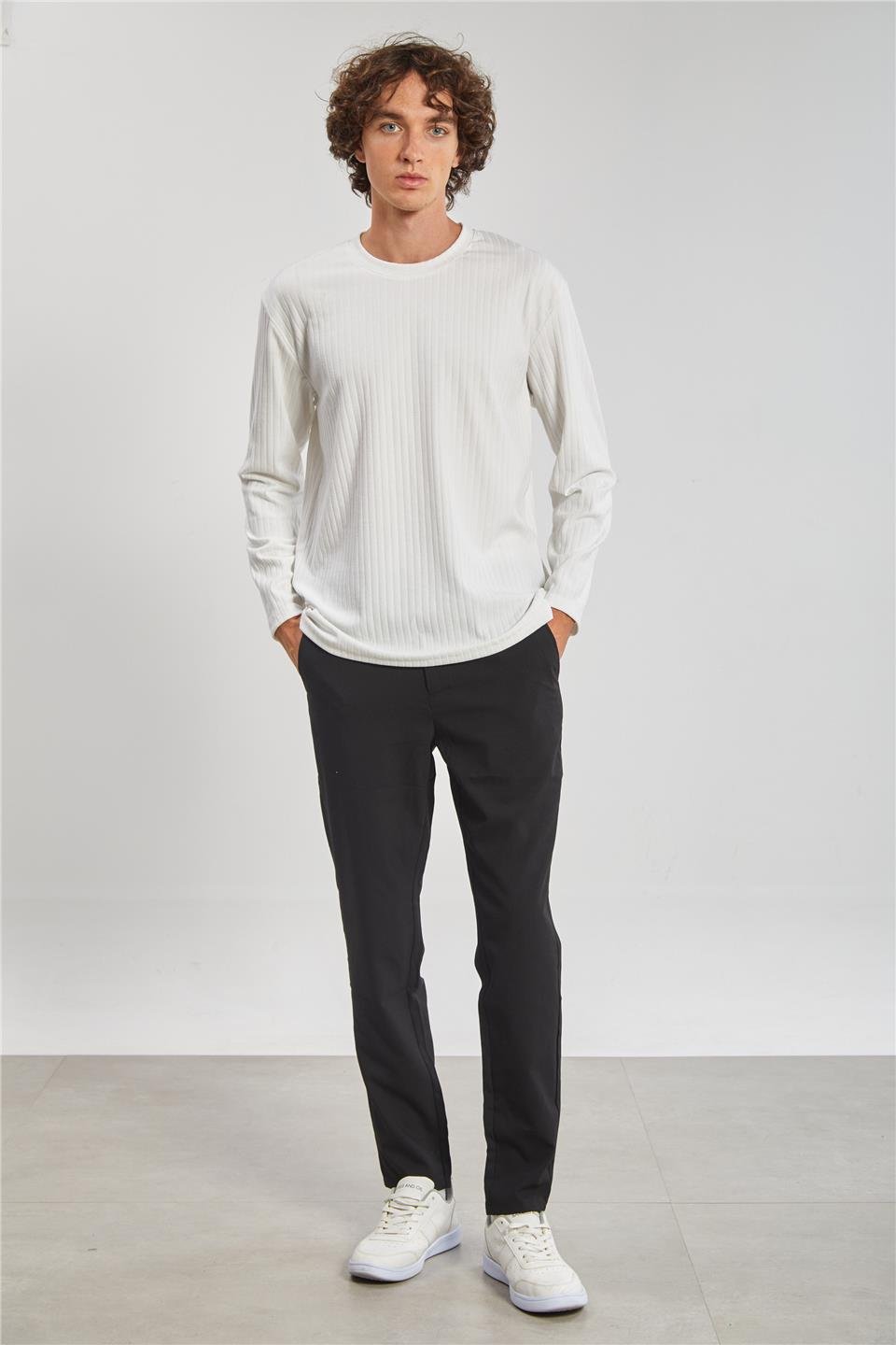 Kalın Çizgili Kaşkorse Erkek Sweatshirt - Ekru