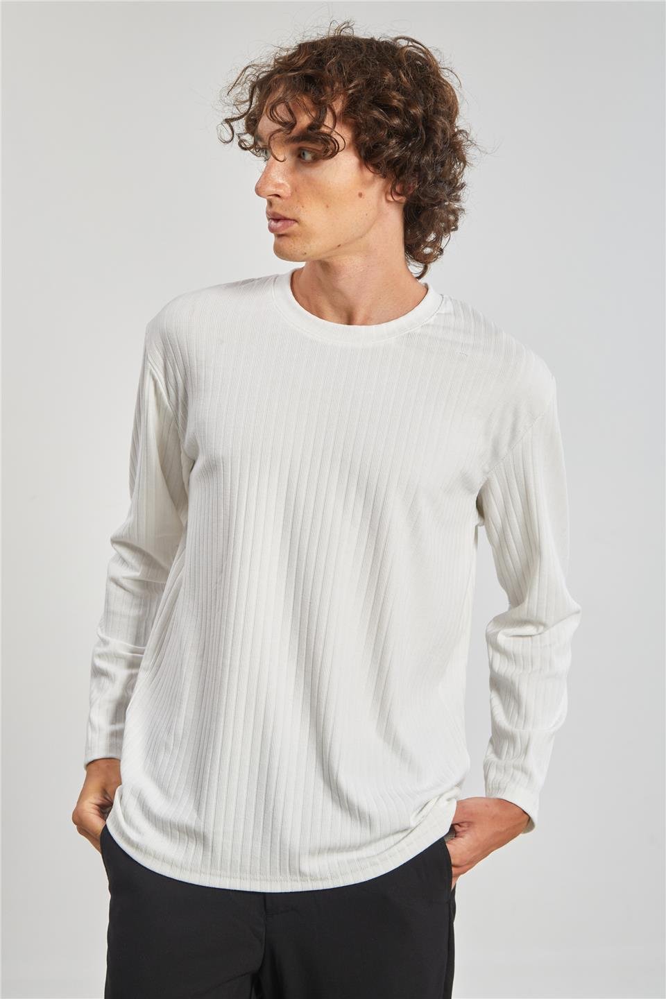 Kalın Çizgili Kaşkorse Erkek Sweatshirt - Ekru