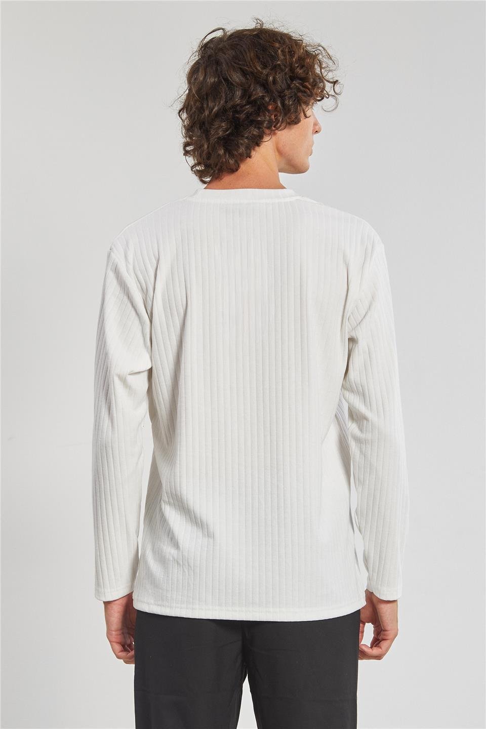 Kalın Çizgili Kaşkorse Erkek Sweatshirt - Ekru