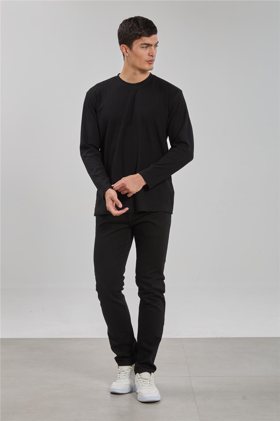 Kalın çizgili kaşkorse sweatshirt-1255 Siyah