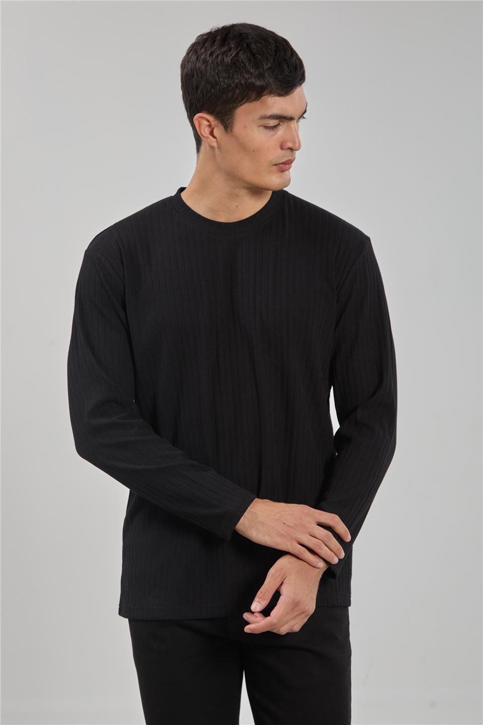Kalın çizgili kaşkorse sweatshirt-1255 Siyah