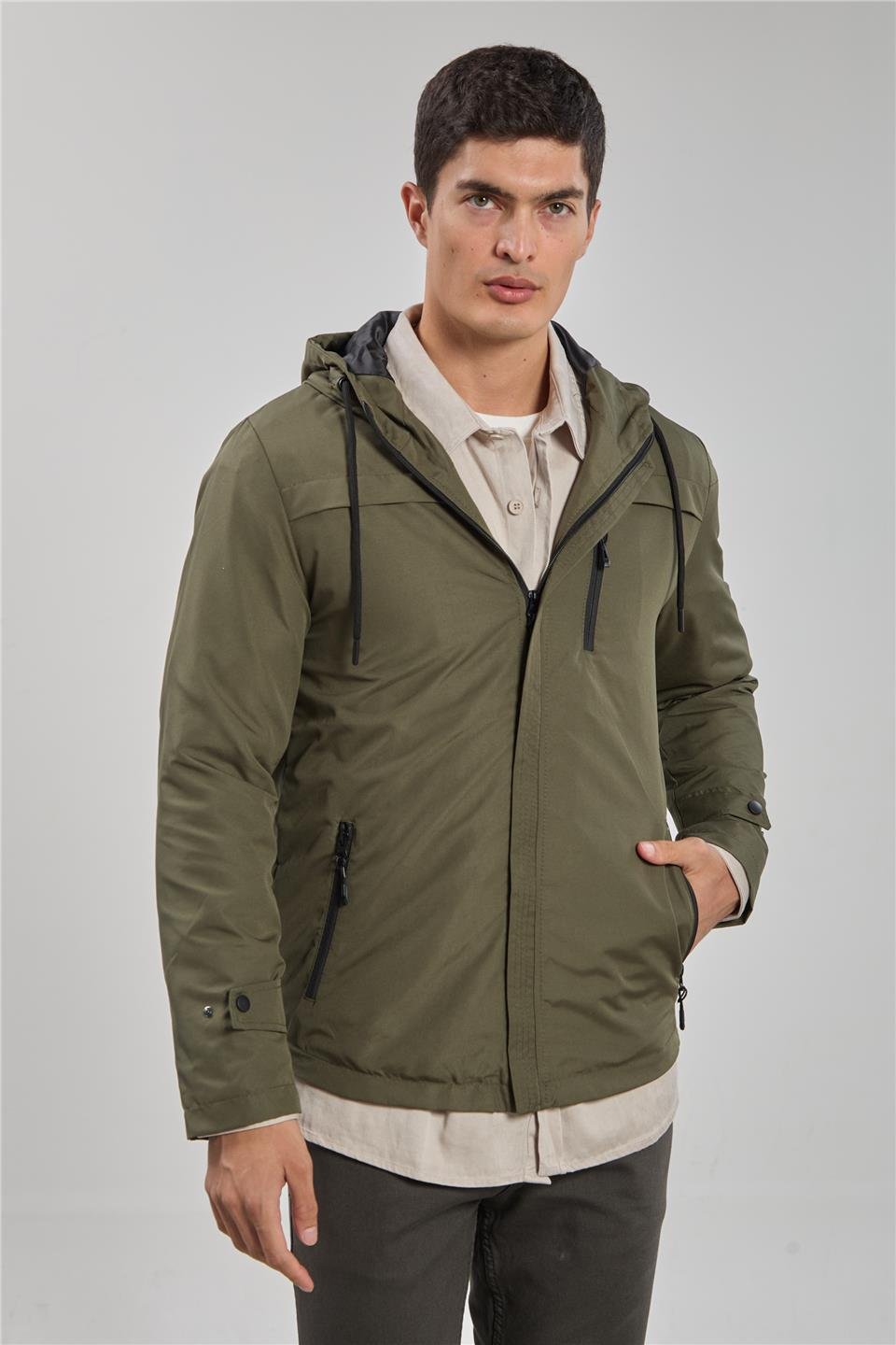 Kapüşonlu cepli ceket-3437 Haki