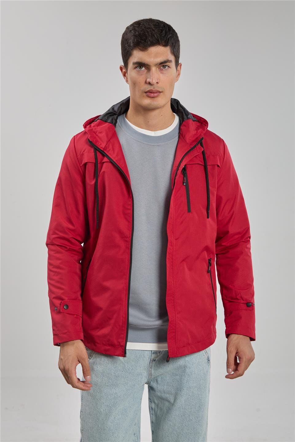 Kapüşonlu cepli ceket-3437 Kırmızı