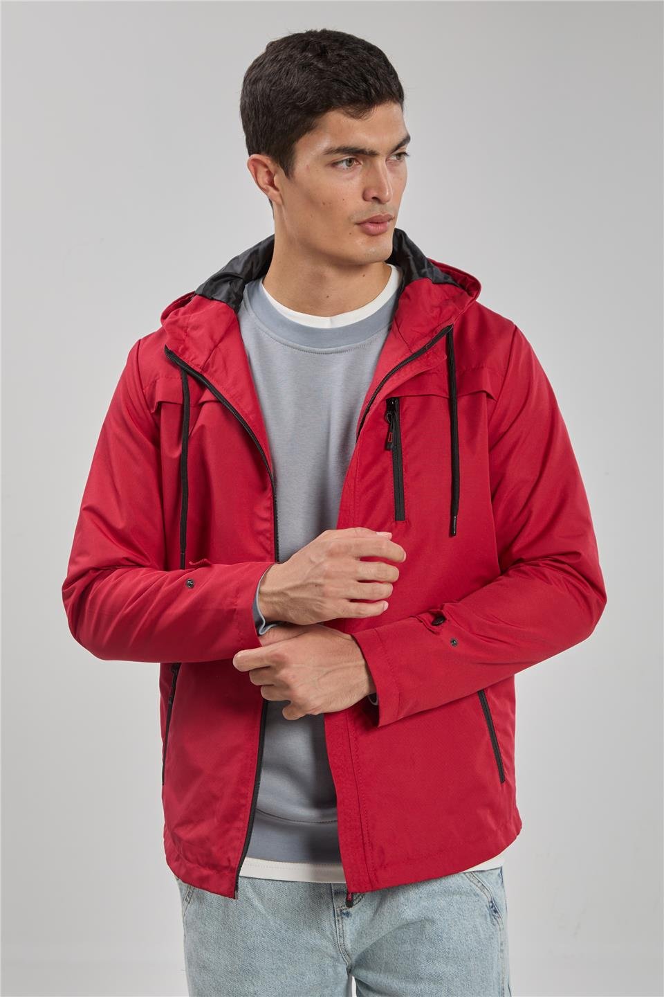 Kapüşonlu cepli ceket-3437 Kırmızı