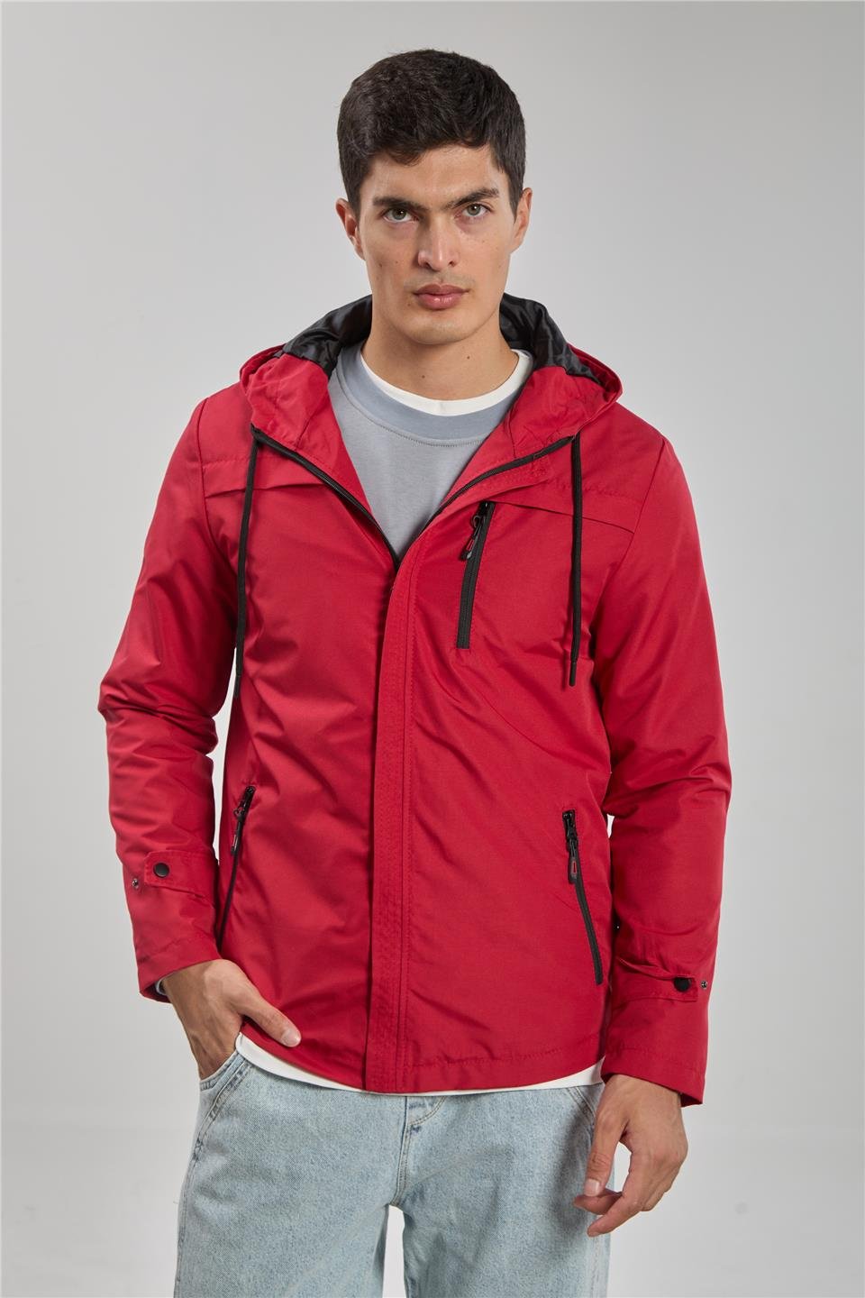 Kapüşonlu cepli ceket-3437 Kırmızı