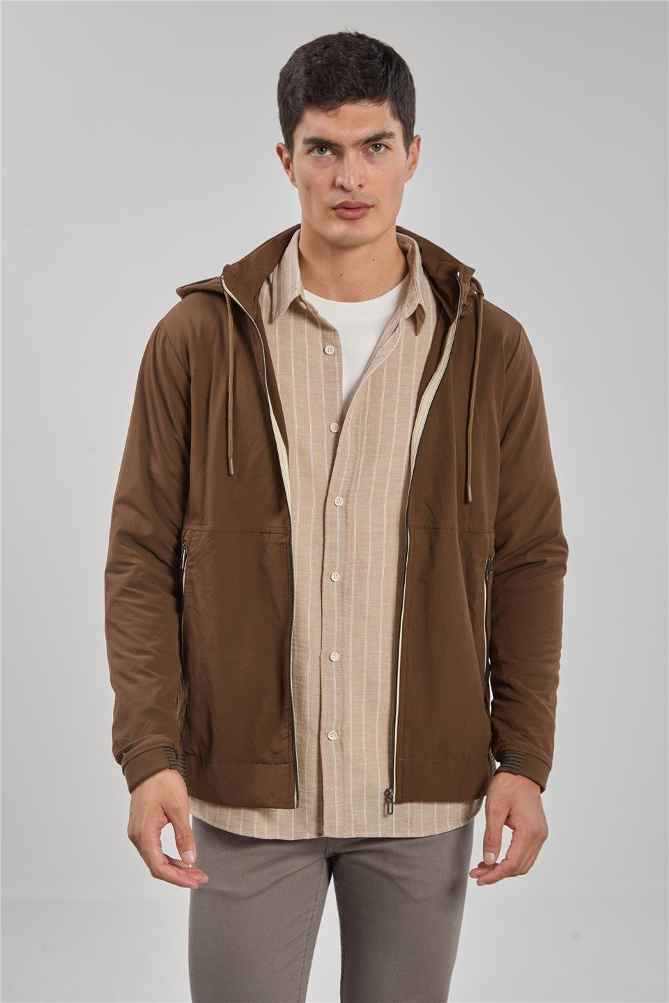Kapüşonlu fermuarlı ceket-2897 Kahve