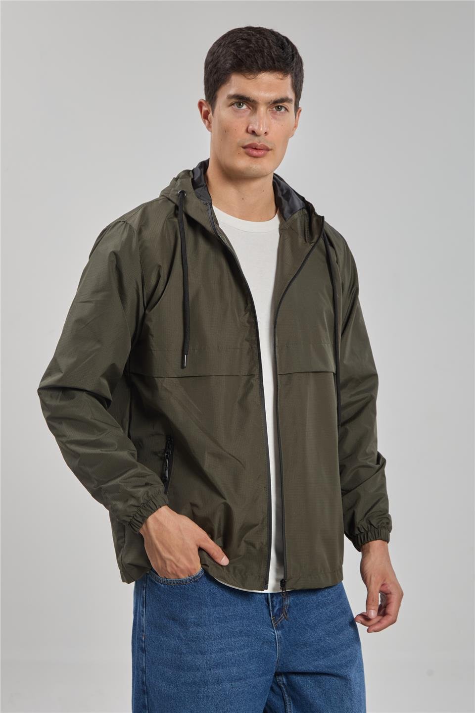 Kapüşonlu teknik mont-3438 Açık Haki