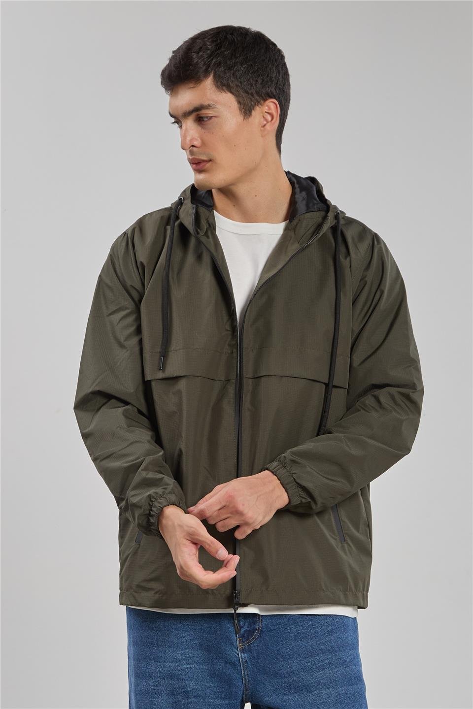 Kapüşonlu teknik mont-3438 Açık Haki