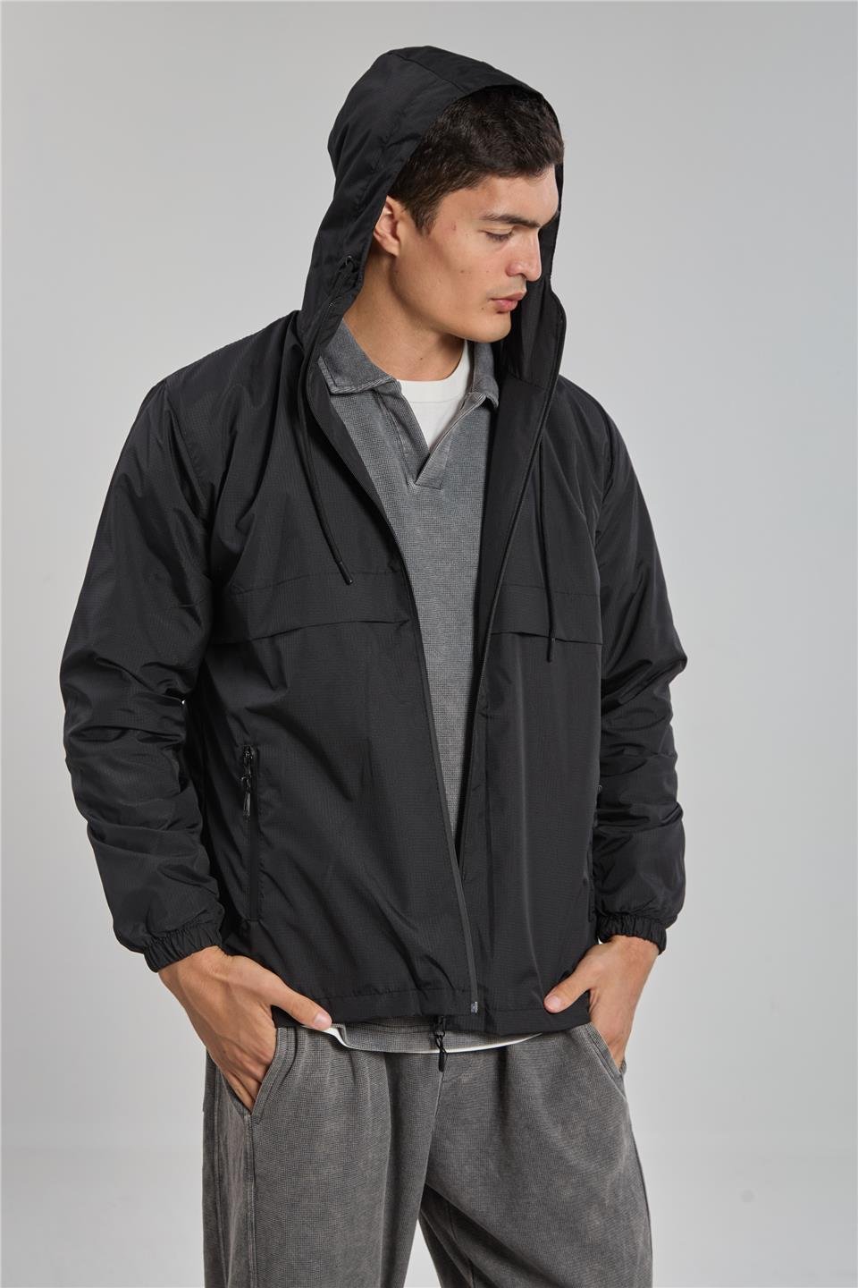 Kapüşonlu teknik mont-3438 Siyah