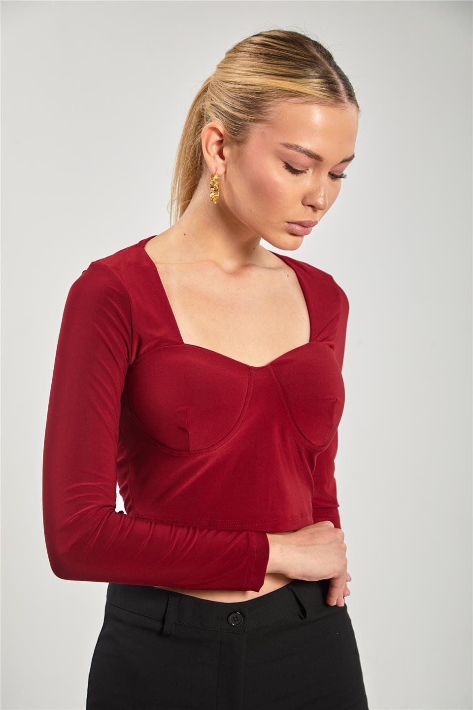 Kare yaka gloplu uzun kol bluz-13915 Bordo