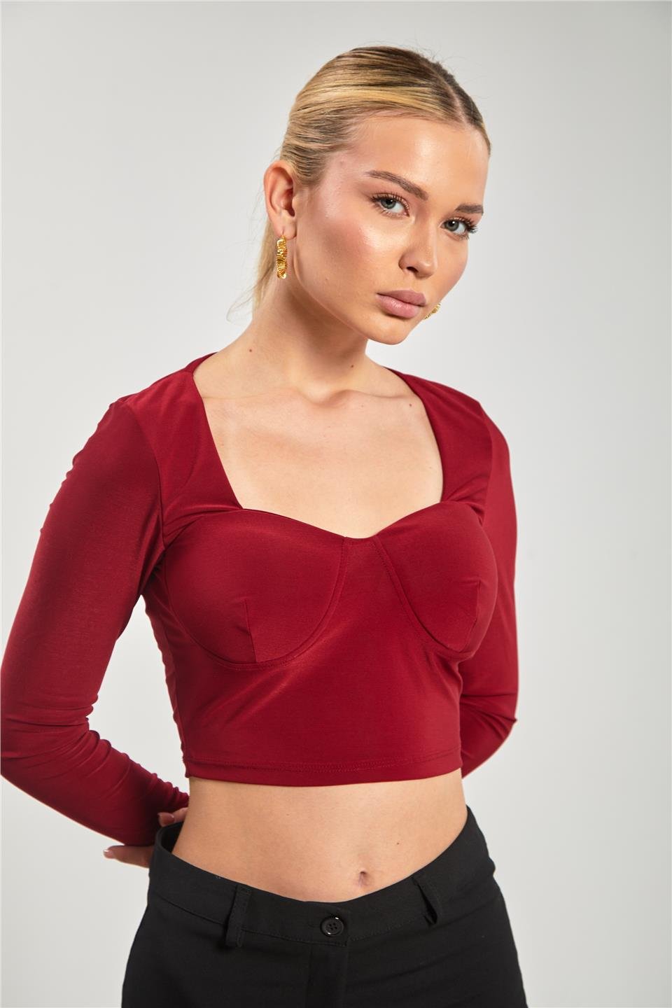 Kare yaka gloplu uzun kol bluz-13915 Bordo