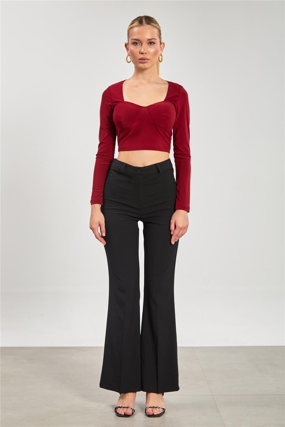 Kare yaka gloplu uzun kol bluz-13915 Bordo