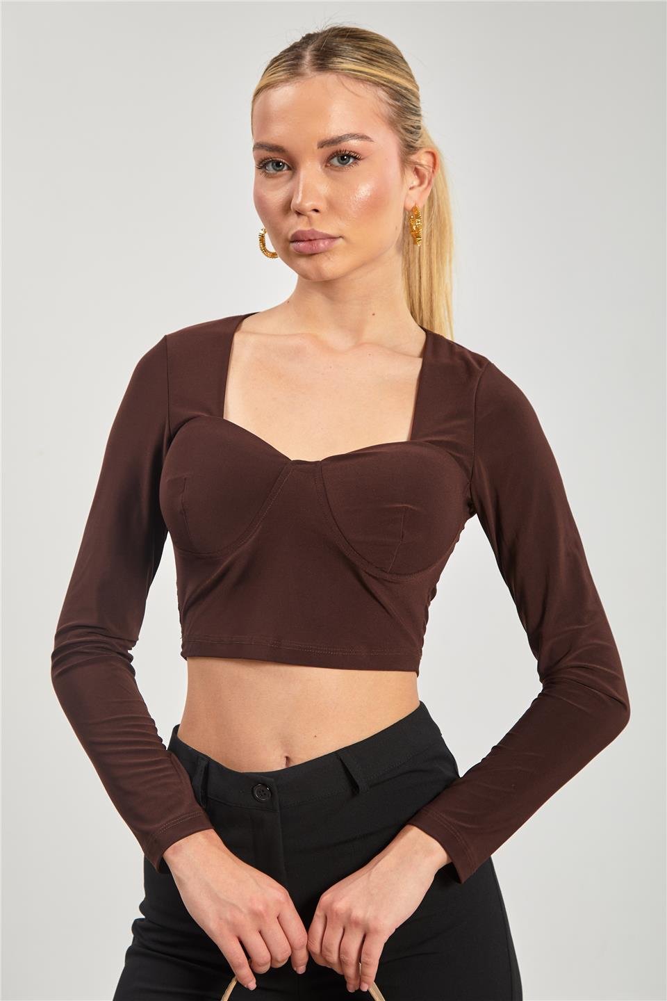 Kare yaka gloplu uzun kol bluz-13915 Kahve