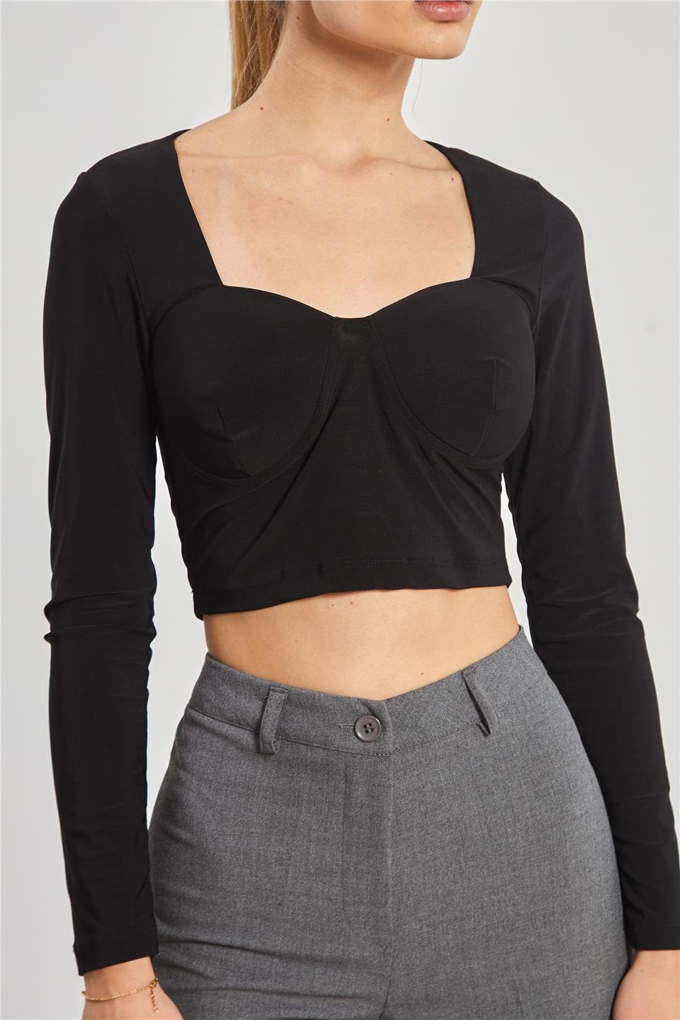 Kare yaka gloplu uzun kol bluz-13915 Siyah