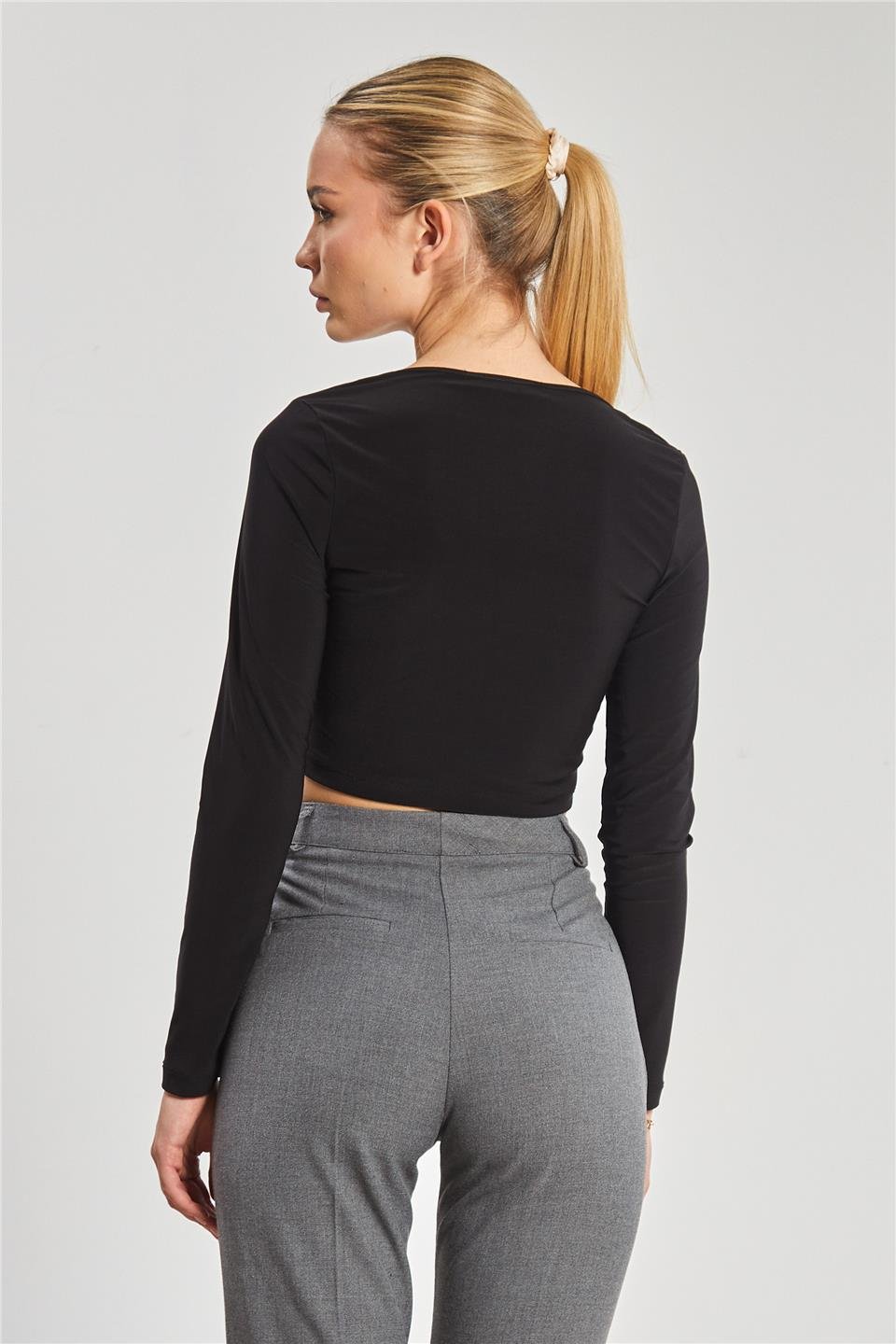 Kare yaka gloplu uzun kol bluz-13915 Siyah