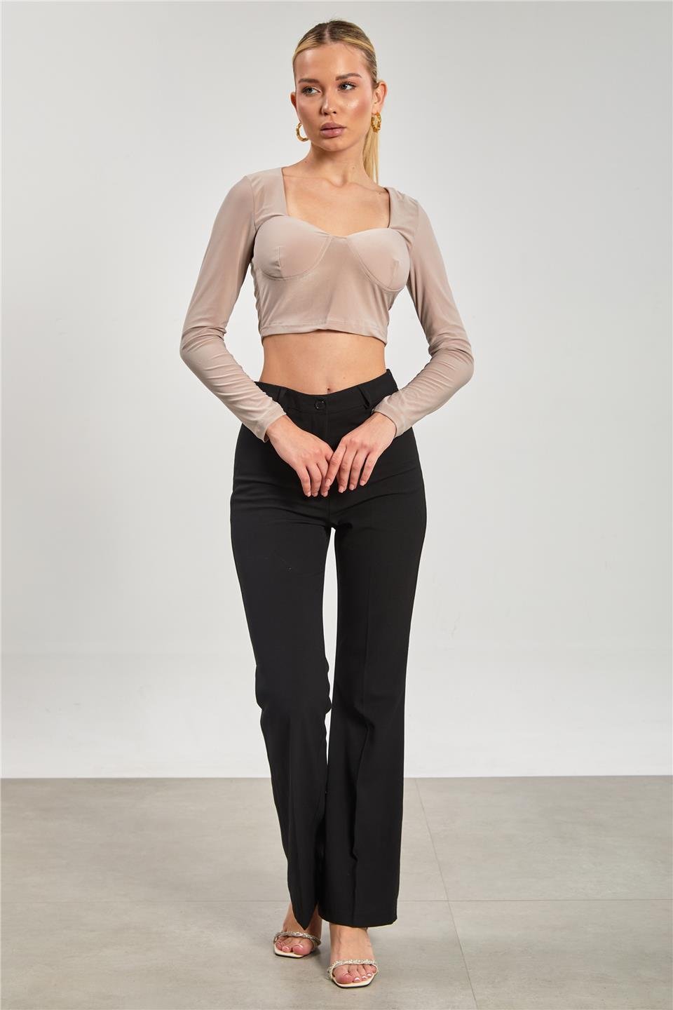 Kare yaka gloplu uzun kol bluz-13915 Vizon