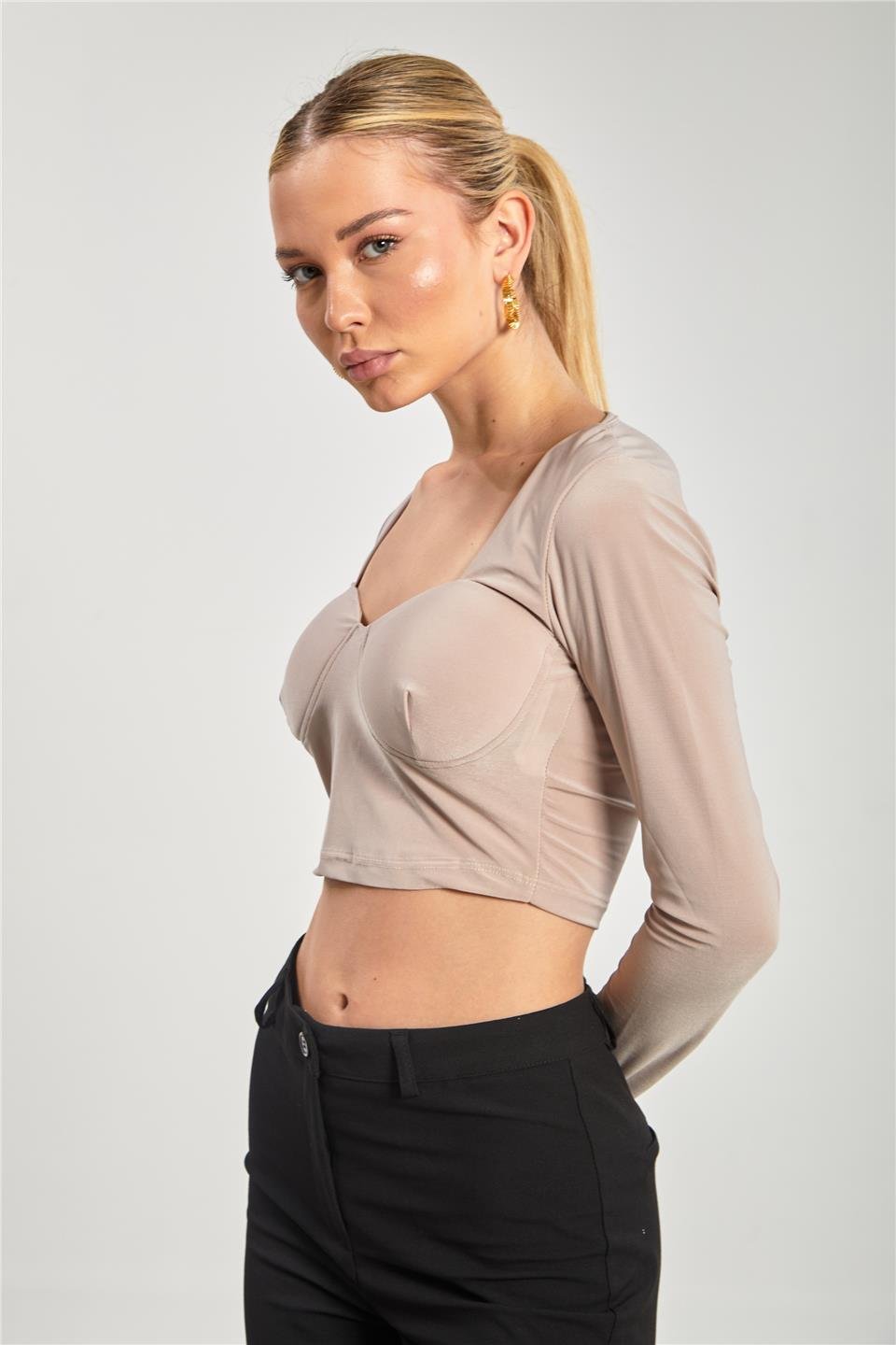 Kare yaka gloplu uzun kol bluz-13915 Vizon