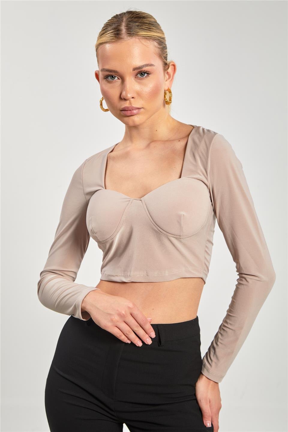 Kare yaka gloplu uzun kol bluz-13915 Vizon