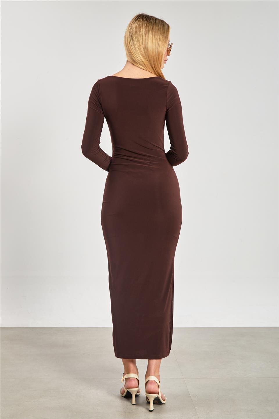 Kare yaka groplu uzun elbise-13920 Kahve