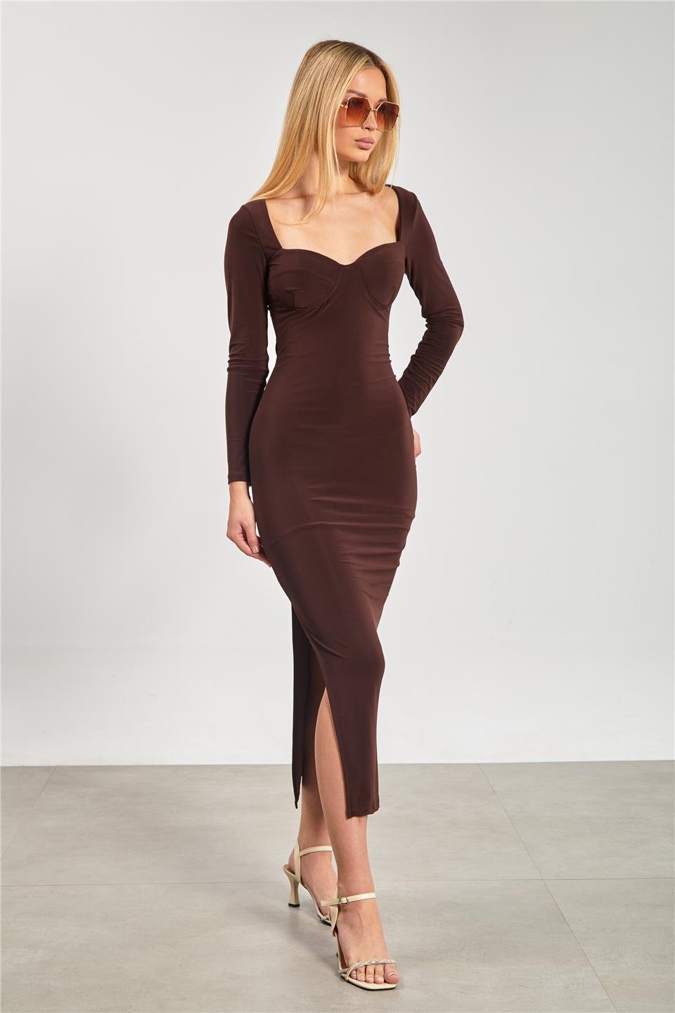 Kare yaka groplu uzun elbise-13920 Kahve