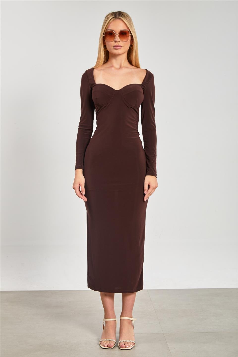 Kare yaka groplu uzun elbise-13920 Kahve